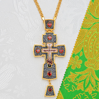 2.10.0727лпр-2/1лп Крест наперсный латунный с красными камнями в позолоте