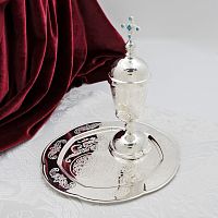 2.7.1234л Чаша латунная с тарелочкой из набора для елеопомазания с голубыми камнями в серебрении