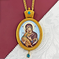 2.7.1145лп-2/1лп Панагия латунная с голубыми камнями в позолоте