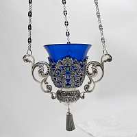 2.7.2324лр/80лр Лампада подвесная латунная с синими камнями в серебрении