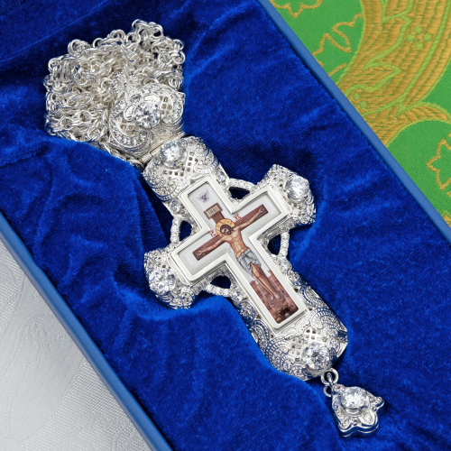 2.10.0178л-2/1л Крест наперсный латунный с белыми камнями в серебрении фото 3 2.10.0178л-2/1л Крест наперсный латунный с белыми камнями в серебрении фото 3