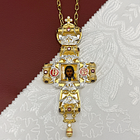2.10.0550лфэ-2/10лп Крест наперсный латунный с красными камнями и эмалью в позолоте