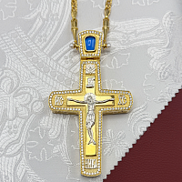 2.10.0540лнп/64лп Наперсный крест латунный в позолоте с голубым кварцем и жемчугом
