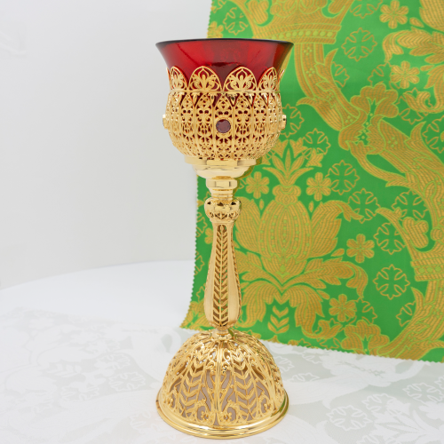 2.7.0943лп-К Напрестольный набор лампада и подсвечники с красными камнями в позолоте фото 2