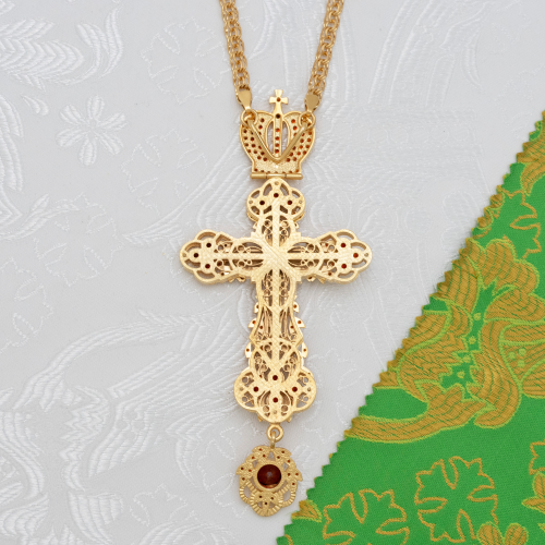 2.10.0006лп/1лп Крест наперсный Ажурный из латуни с красными камнями в позолоте фото 6