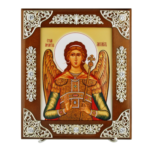 2.77.0138 Икона прикроватная серебряная на дереве с лат. принтом Святой Архангел Михаил
