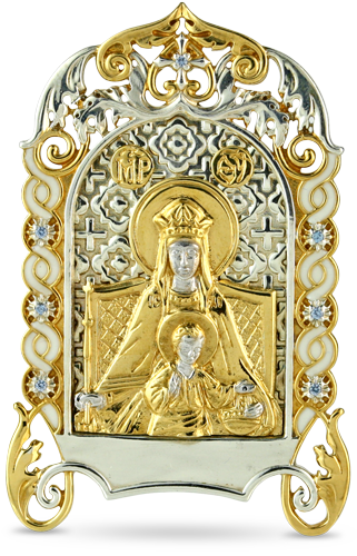 2.76.0129 Икона настольная серебряная Божия Матерь Державная с позолотой. эмалью и фианитами