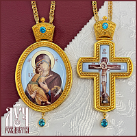 2.7.1145лп-2/1лп-К Архиерейский наперсный комплект латунный с голубыми камнями в позолоте