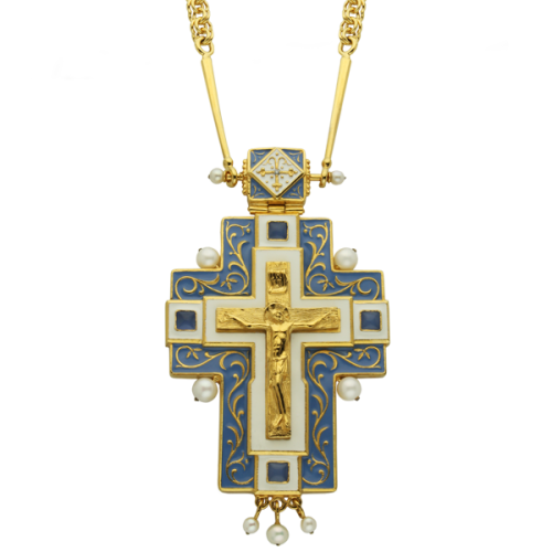 2.10.0047лп/34лп Крест латунный церковный в позолоте с эмалью, жемчугом и цепью арт. 2.7.0234лп