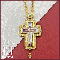 2.10.0284лп-2/80лп Наперсный латунный крест с голубыми камнями в позолоте