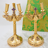 2.7.0533лпэ-К Архиерейский набор дикирий и трикирий латунный с фиолетовыми камнями и эмалью в позолоте