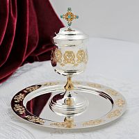 2.7.1268лф Чаша латунная с тарелочкой из набора для елеопомазания с голубыми камнями и фр.позолотой