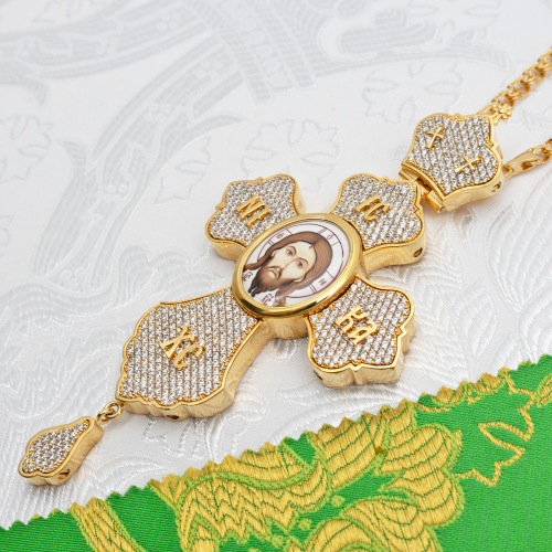 2.7.2334лп-2/1лп-К Архиерейский комплект латунный с белыми камнями в позолоте фото 11