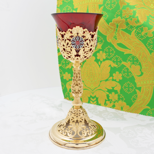 2.7.1596лпр Лампада латунная с красными камнями в позолоте 2.7.1596лпр Лампада латунная с красными камнями в позолоте