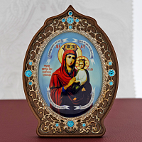 2.78.09078л Икона настольная образ Божией Матери «Споручница грешных» из дерева и ювелирного сплава в серебрении