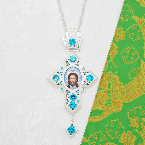 2.10.0405л-2/1л Крест наперсный латунный с голубыми камнями в серебрении