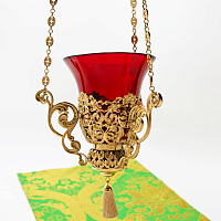 2.7.2324лп/80лп Лампада подвесная латунная с красными камнями в позолоте