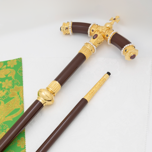 2.7.2577лп Жезл латунный с красными камнями и жемчугом в позолоте фото 3