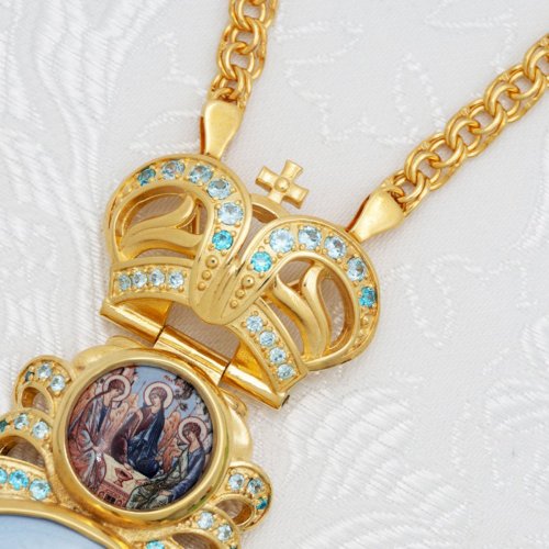 2.7.2005лп-2/1лп Панагия латунная с голубыми камнями в позолоте с цепью фото 2 2.7.2005лп-2/1лп Панагия латунная с голубыми камнями в позолоте с цепью фото 2