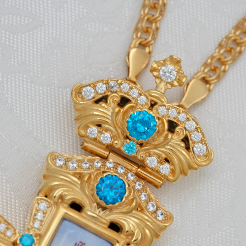 2.10.0359лп-2/1лп Крест латунный с голубыми камнями в позолоте фото 5
