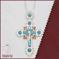 2.10.0616лэ/1л Наперсный латунный крест с красными камнями и эмалью в серебрении