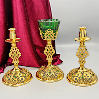 2.7.2655лп-К  Напрестольный комплект латунный с зелеными камнями в позолоте