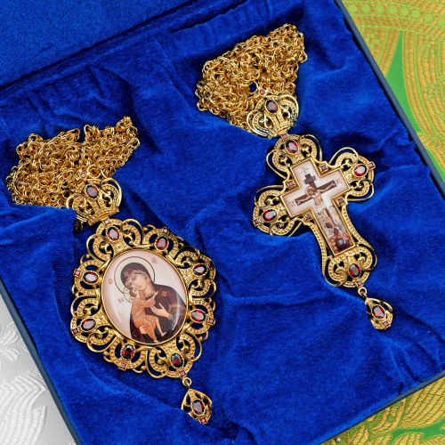 2.7.1591лп-2/1лп-К Архиерейский наперсный комплект латунный с красными камнями в позолоте фото 14