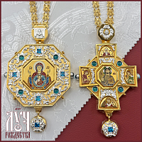 2.7.1593лп-28/41лп-К Архиерейский комплект наперсный латунный с голубыми камнями в позолоте