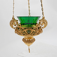 2.7.0345лп/17лп Лампада латунная подвесная с зелеными камнями в позолоте