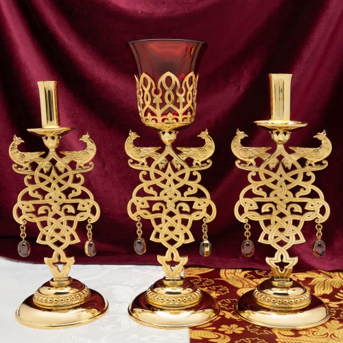 2.7.2871лп-К Набор напрестольный - лампада и подсвечники в позолоте 2.7.2871лп-К Набор напрестольный - лампада и подсвечники в позолоте