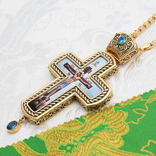 2.10.0548лпр-2/1лп Крест наперсный латунный с голубыми камнями в позолоте фото 2 2.10.0548лпр-2/1лп Крест наперсный латунный с голубыми камнями в позолоте фото 2