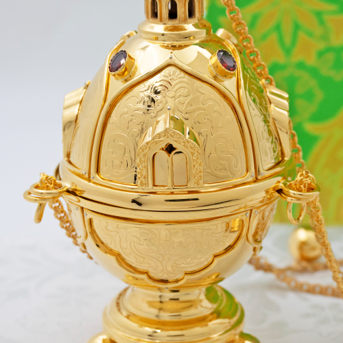 2.7.1577лп Кадило латунное с красными камнями в позолоте фото 6