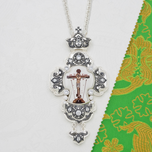 2.10.0329лр-2/1л Крест наперсный латунный с белыми камнями в серебрении 2.10.0329лр-2/1л Крест наперсный латунный с белыми камнями в серебрении