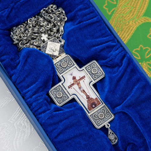 2.10.0643лр-2/1лр Крест наперсный латунный с белыми камнями в серебрении фото 7