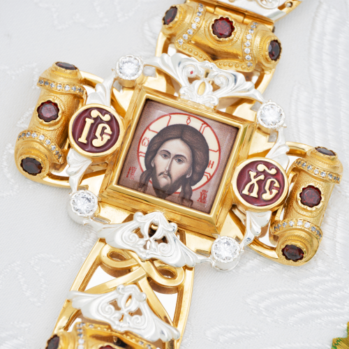 2.10.0550лфэ-2/1л Крест наперсный латунный с красными камнями и эмалью в позолоте фото 3