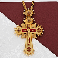 2.10.0617лпэ/1лп Крест наперсный латунный с красными камнями и эмалью в позолоте