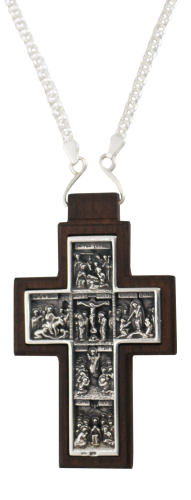 2.10.0228/90 Крест серебряный в деревянном обрамлении и цепью арт.2.7.0290