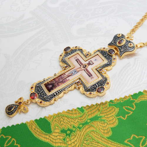 2.10.0288лпр-2/1лп Крест наперсный в позолоте с фрагментарным патинированием фото 2 2.10.0288лпр-2/1лп Крест наперсный в позолоте с фрагментарным патинированием фото 2