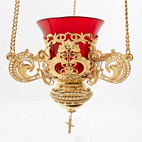 2.7.2371лп/91лп Лампада подвесная латунная с красными камнями в позолоте