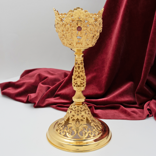 2.7.1596лп Лампада латунная с красными камнями в позолоте фото 6