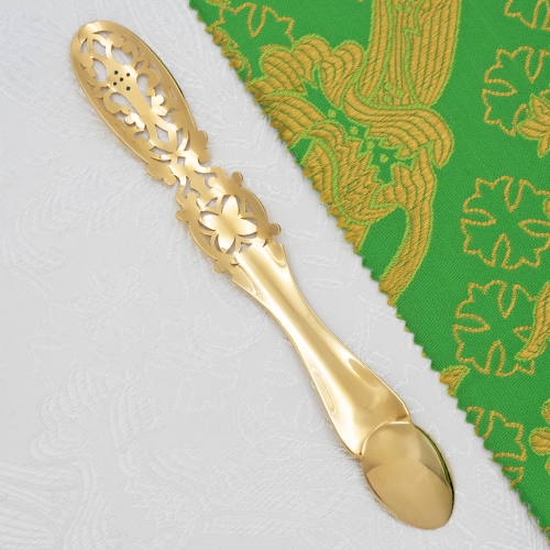 2.7.1516лп Лжица латунная с голубыми камнями в позолоте фото 2