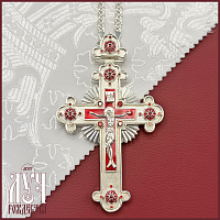 2.10.0618лэ/1л Крест наперсный латунный с красными камнями и эмалью в серебрении