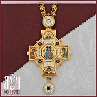 2.10.0411лп-28/41лп Крест наперсный латунный с красными камнями в позолоте