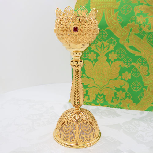 2.7.0943лп-К Напрестольный набор лампада и подсвечники с красными камнями в позолоте фото 3