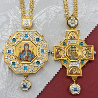 2.7.1593лп-28/41лп-К Архиерейский комплект наперсный латунный с голубыми камнями в позолоте