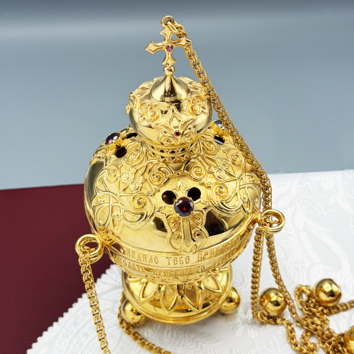 2.7.0387лп Кадило латунное с красными камнями в позолоте фото 6