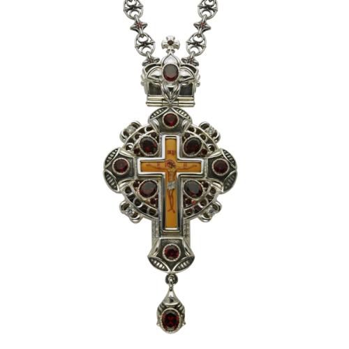 2.10.0082-2/44 Крест наперсный серебряный с лат. принтом, вставками и цепью арт. 2.7.0244