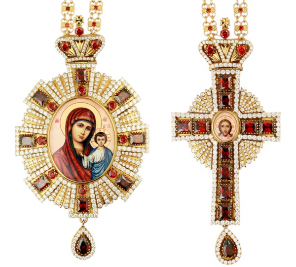 ( 2.7.1579лп-2/65лп-К )( Панагия с цепью )( Юв. Сплав ) (Казанская с красными камнями)