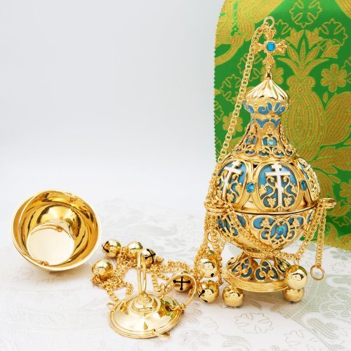 2.7.1280лпэ Кадило латунное с голубыми камнями в позолоте фото 5