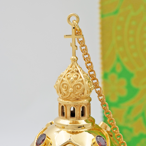 2.7.1577лп Кадило латунное с красными камнями в позолоте фото 5